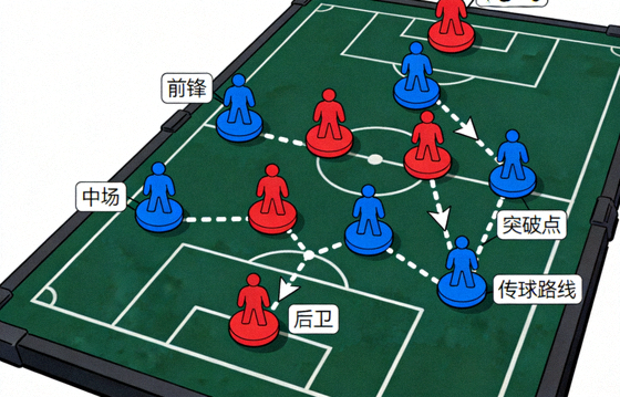 战术板上摆放的阵型棋子与比赛路线示意